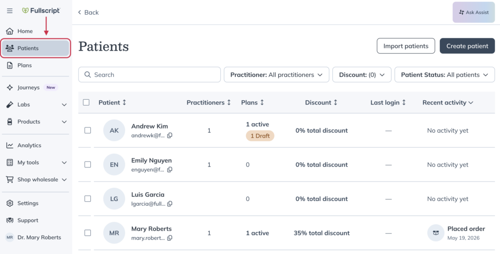 The Patients tab highlighted in the Fullscript navigation bar.
